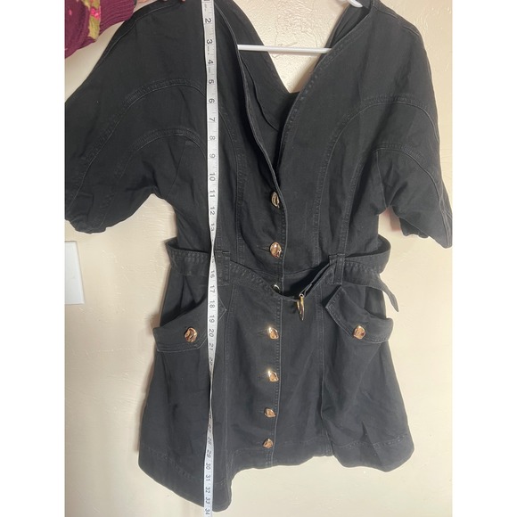 Commense Black Denim Puff Sleeve Button Belted Mini Dress Pocketed dark romantic - Picture 10 of 12